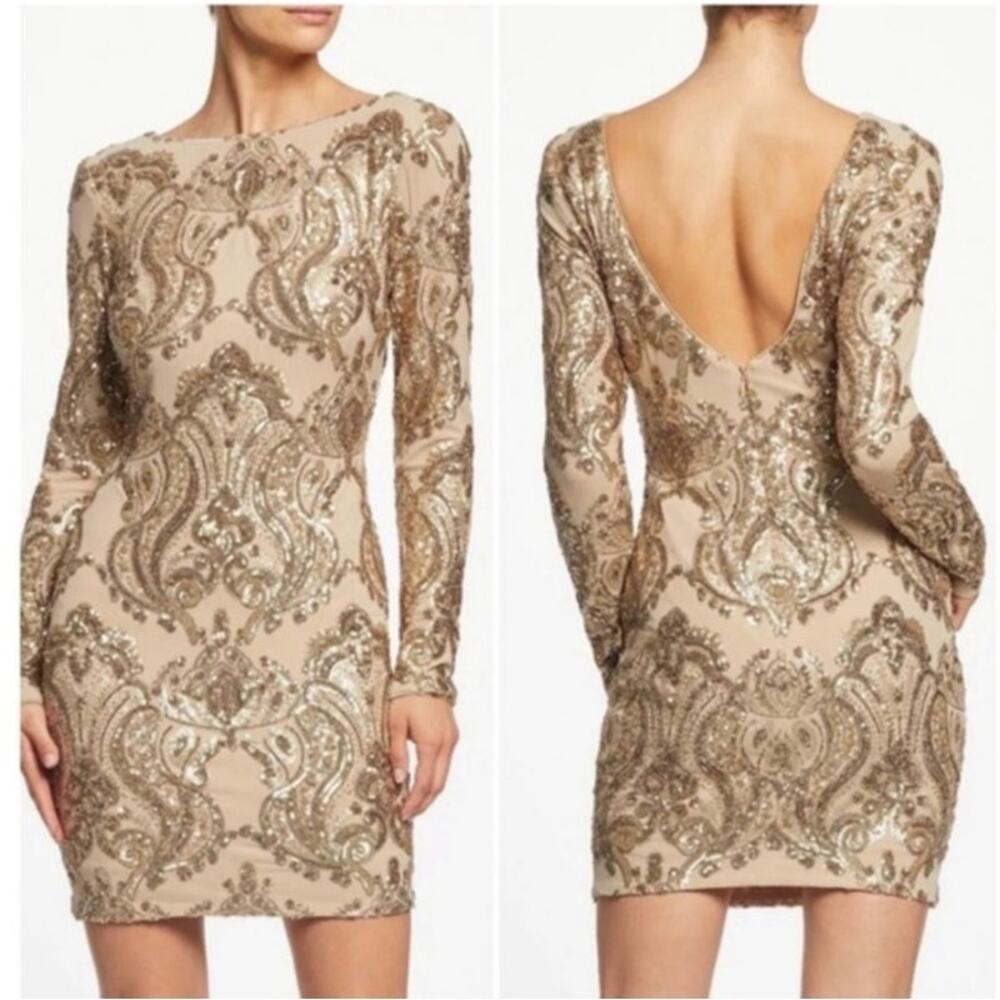 Dress the Population Gold Sequin Embellished Beige Midi Dress